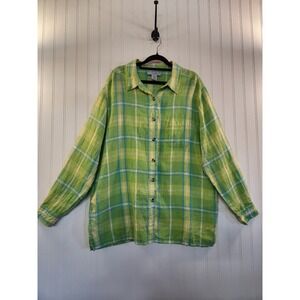 Vintage R C Women XL Green Plaid 100% Linen Button Up Shirt Long Sleeve Casual